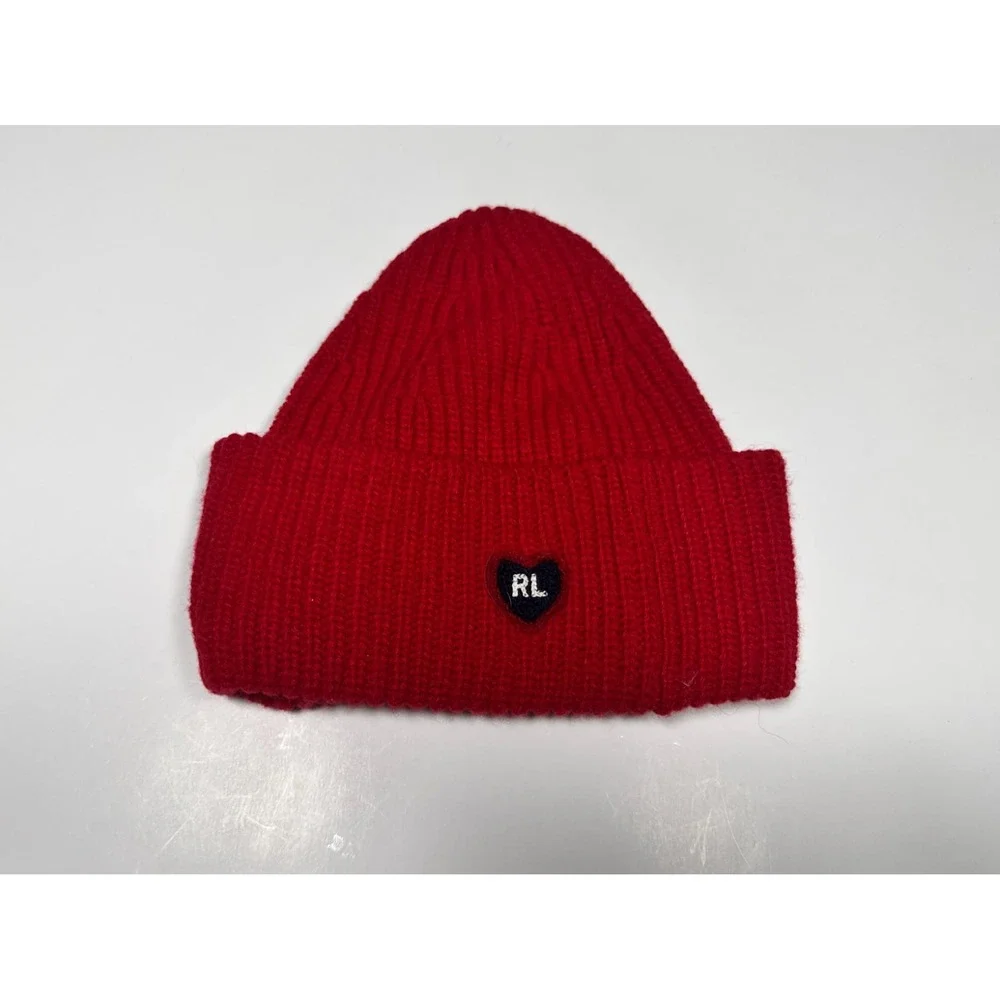 Ralph Lauren Kids Beanie Hat Red Embroidered RL Heart Logo Cuffed Winter Cap